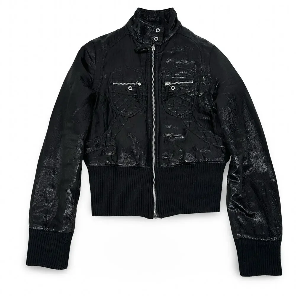 Moschino Jeans Moto Jacket Women's 6 Black Shiny Textured Wool Blend‎ Italy Zip